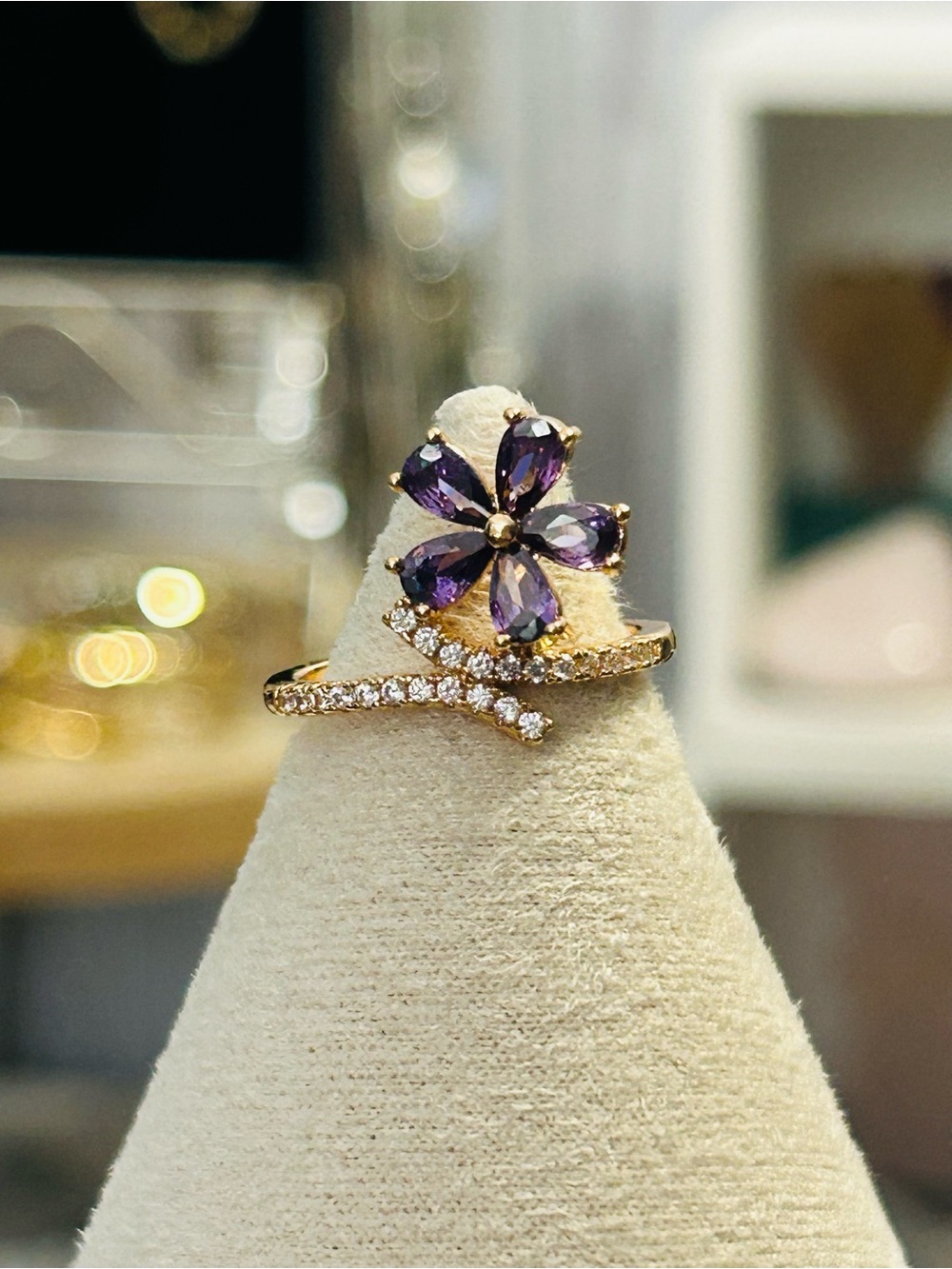 18K Gold Plated Purple Flower Ring w/ Pavé CZ Accents